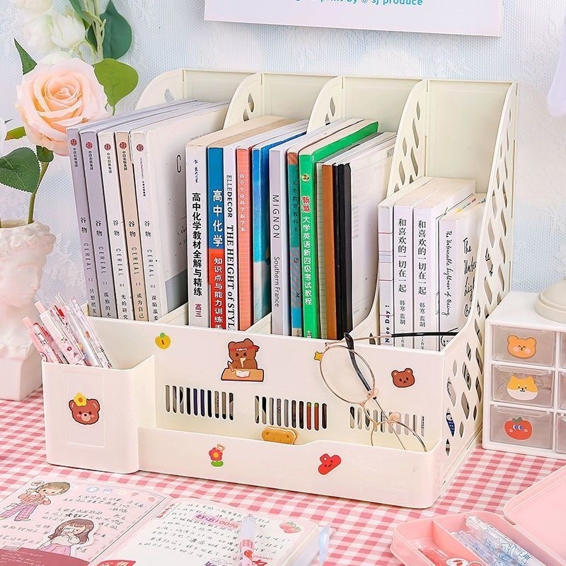 แฟ้มจัดเก็บ ที่ใส่กระดาษA4 ที่ใส่หนังสือบนโต๊ะ กล่องเก็บหนังสือ 4ช่อง มีช่องเก็บปากกา