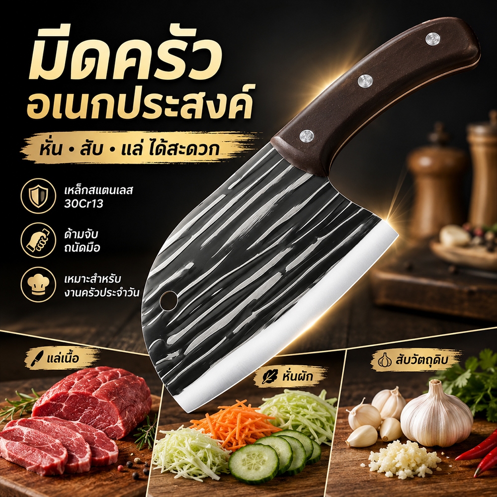 มีดปังตอสับ สไตล์ญี่ปุ่น2ลาย สแตนเลสคุณภาพดี สับกระดูกหั่นเนื้อ สันหนา1.5มิล น้ำหนักพอดีมือ มีดทำอาหาร เครื่องครัวขายดี