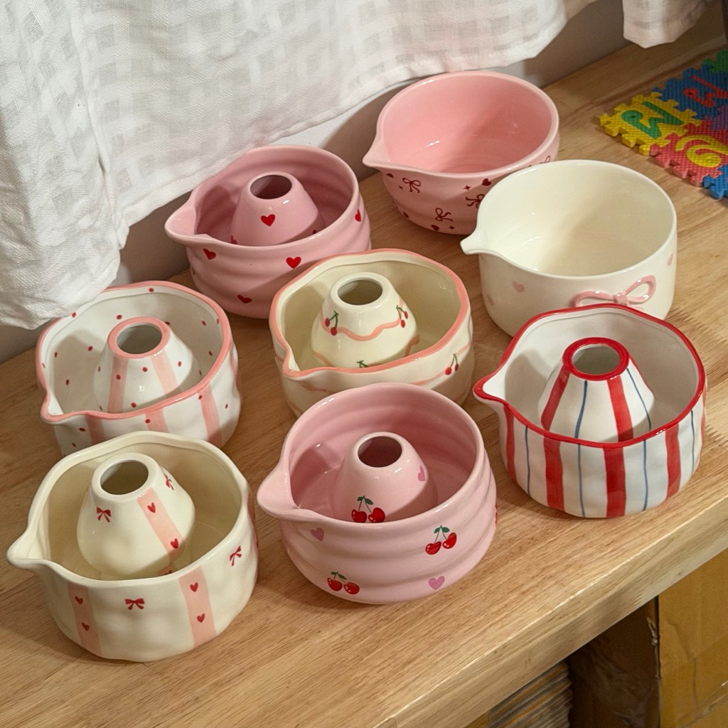 ‼️พร้อมส่ง‼️ Pink / Green Striped / Bow / Cherry Matcha bowl ชาวาน/ถ้วยตีมัทฉะลายทางสีชมพู/เขียว/ลายโบว์/ลายเชอร์รี่