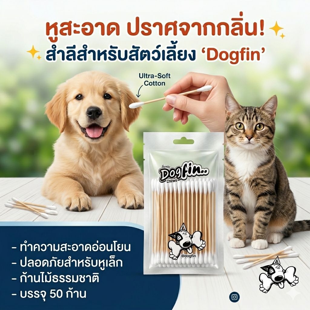 Dogfin (ด็อกฟิน) สำลีปั่นหู แบบก้านยาว 2 ด้าน สำหรับสัตว์เลี้ยง