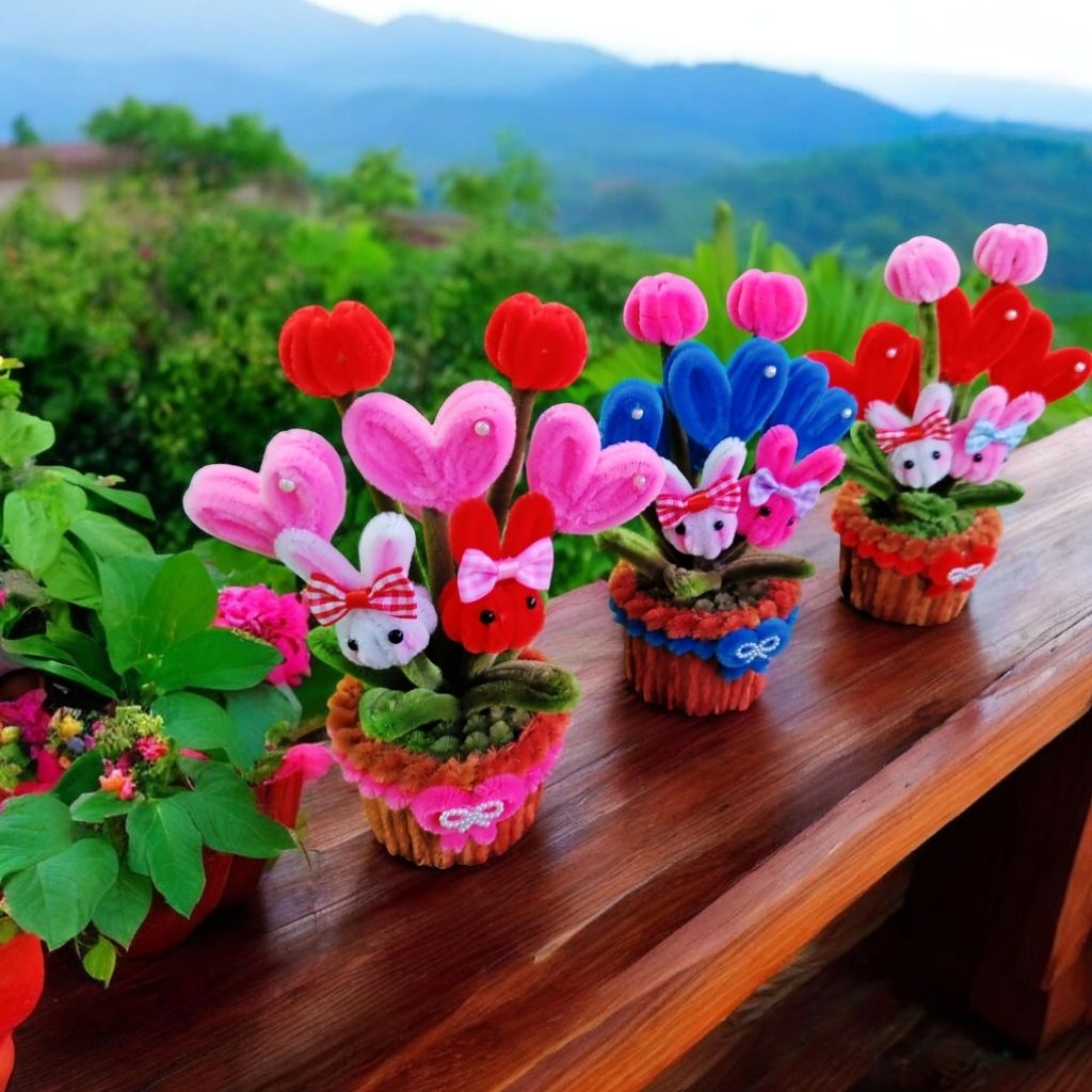 กระถางดอกไม้ลวดกำมะหยี่​DIY หัวใจกระต่ายน้อยน่ารักๆ🩷❤️💙🐰🌷​