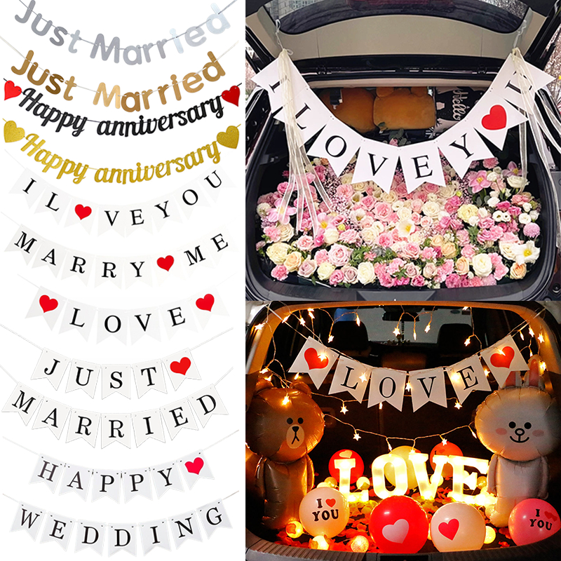 【จัดส่งวันนี้】ธงกระดาษ ธงวาเลนไทน์ ธงบอกรัก ขอแต่งงาน ธง Happy Anniversary วันแต่งงาน I love you MARRY ME JUST MERRY