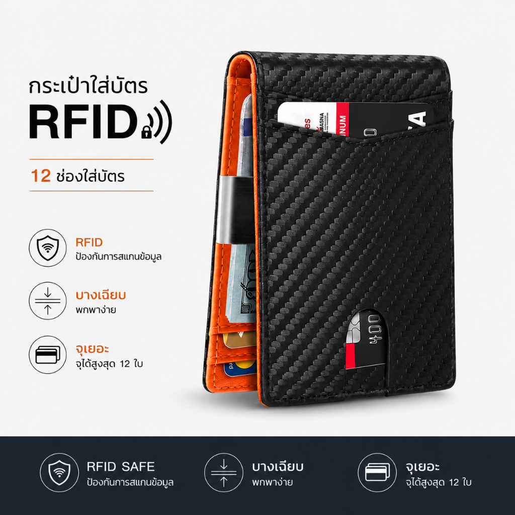 กระเป๋าสตางค์ผู้ชาย RFID กันขโมย 12 ช่องใส่บัตร ความจุสูง แบบพับ บางเฉียบ พกพาง่าย