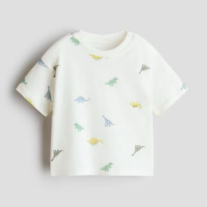 H&M เสื้อลายไดโนเสาร์ สีขาว มีกระดุมคอ ไซด์ 6 เดือน - 2 ปี