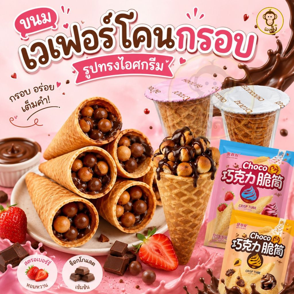 Choc Cone โคนช็อกโกแลตกรอบ ไส้แน่น Chocolate และ Strawberry 1ห่อ300กรัม พร้อมส่งจากไทย