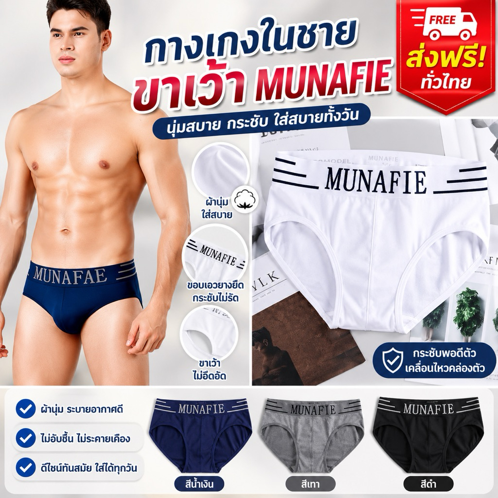 PrettyLady Shop ((SJNK963）กางเกงในชาย ขาเว้า MUNAFIE เนื้อผ้านิ่มบางเบาไม่มีถุงซิป