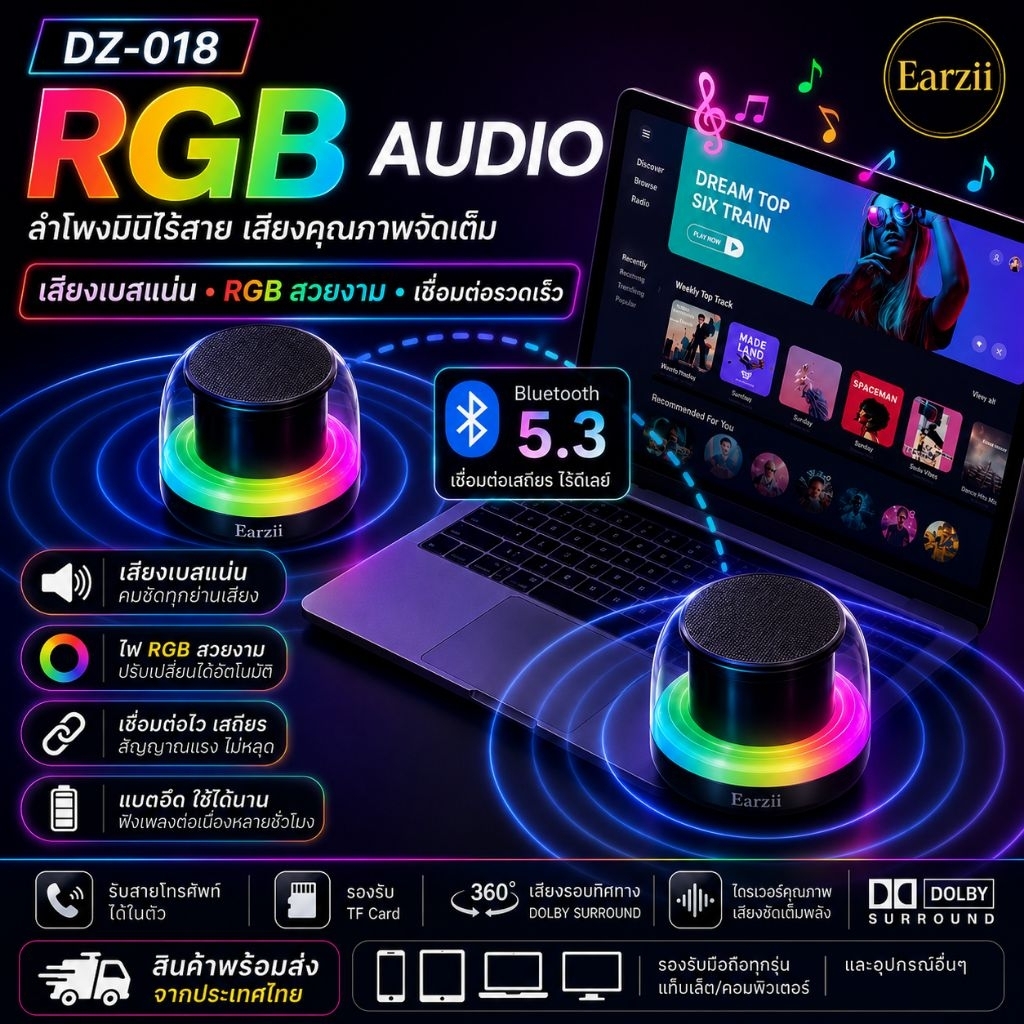 ลำโพงบูลทูธ5.3(DZ-018)เสียงเบสลึก ใส เคลียร์ เปิดดังเสียงไม่แตก ชาร์จไฟใช้5-6ชั่วโมงมี2สี สีขาว สีดำ