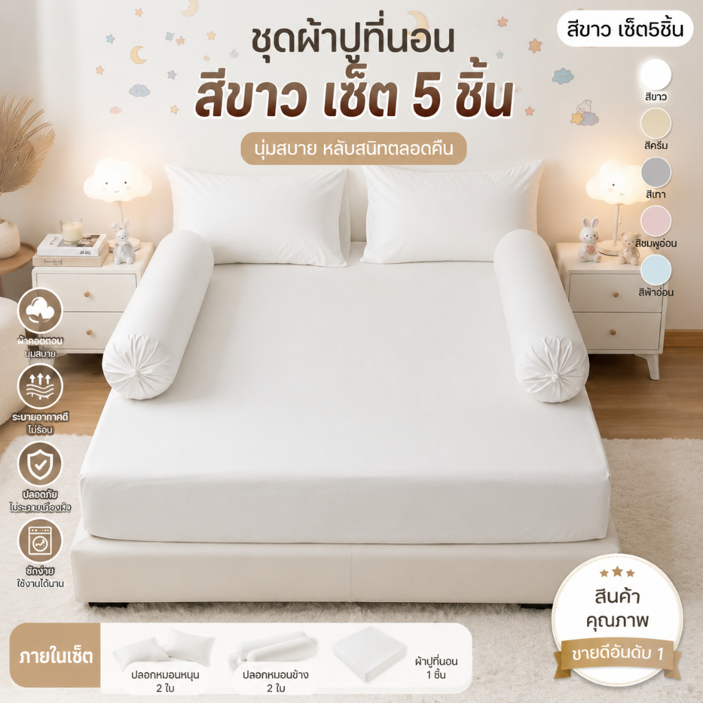ผ้าปูพร้อมปลอกหมอน เซต5ชิ้น ขนาด 3.5ฟุต,5ฟุต,6ฟุต สีพื้น เนื้อผ้าโพลีเอสเตอร์ ไม่ขุย สีไม่ตก คุณภาพดี