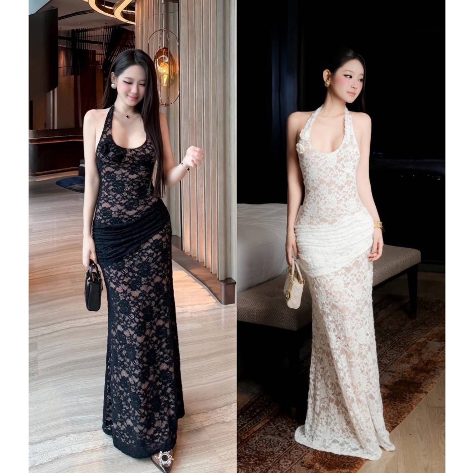 TBB Brand: เดรสยาวคล้องคอผ้าลูกไม้นิ่มพรีเมี่ยม เข้ารูป