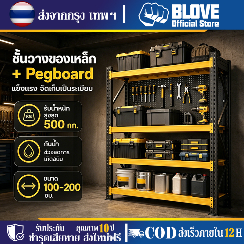 BLOVE ชั้นวางของเหล็ก พร้อมแผงเจาะ การจัดเก็บที่ยืดหยุ่น รับหนัก 500KG ประกอบง่าย เหมาะสำหรับโกดัง/บ้าน