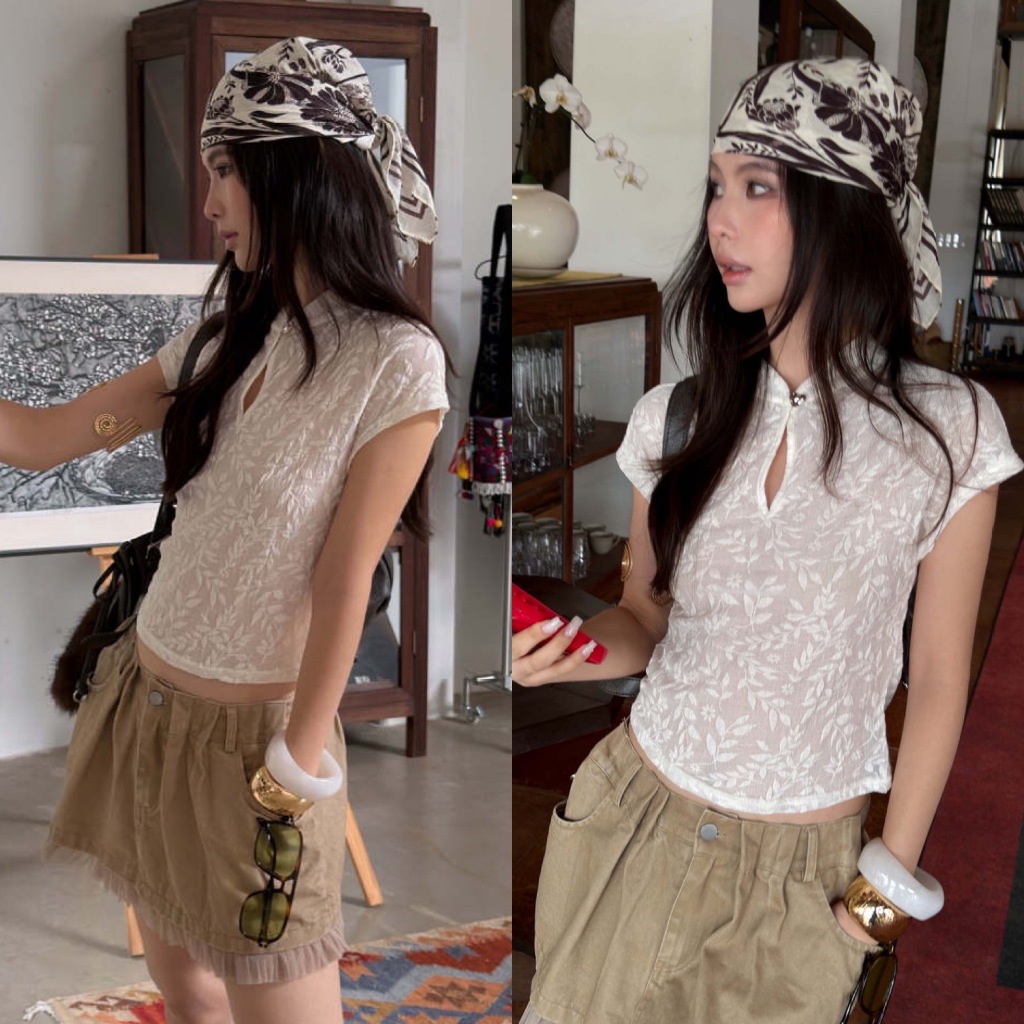 *พร้อมส่ง SML*(ผ้าบาง)BY0568 เสื้อคอจีนซีทรูผ้าลูกไม้บาง กระดุมหัวใจ benly co