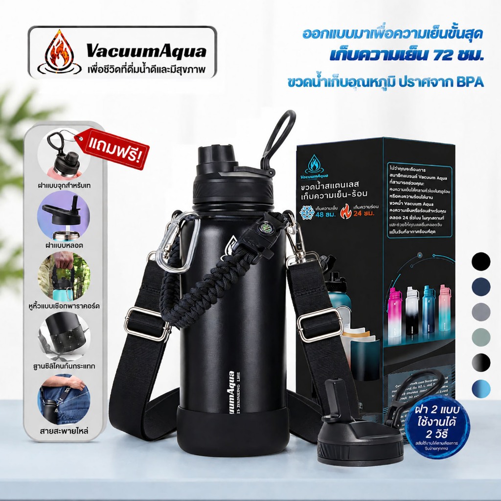 Vacuum Aqua ขวดน้ำเก็บความร้อนและความเย็น สแตนเลส316 พร้อมหูหิ้วและหลอดดูด ขวดน้ำ เก็บความเย็น 72 ชั่วโมง