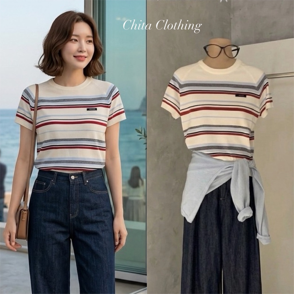 8400 เสื้อไหมพรมแขนสั้น คอกลม ลายริ้ว เนื้อผ้าไหมพรมอย่างดี ยืดหยุ่นได้เยอะ  TAG:WG.WE 🇰🇷