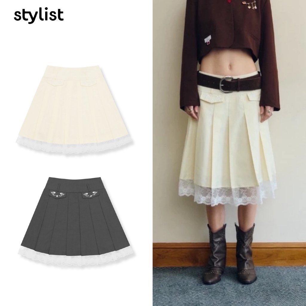 STYLIST x Brinkkty  - Bliss Skirt/Skorts 002 กระโปรงพลีทต่อผ้าลูกไม้