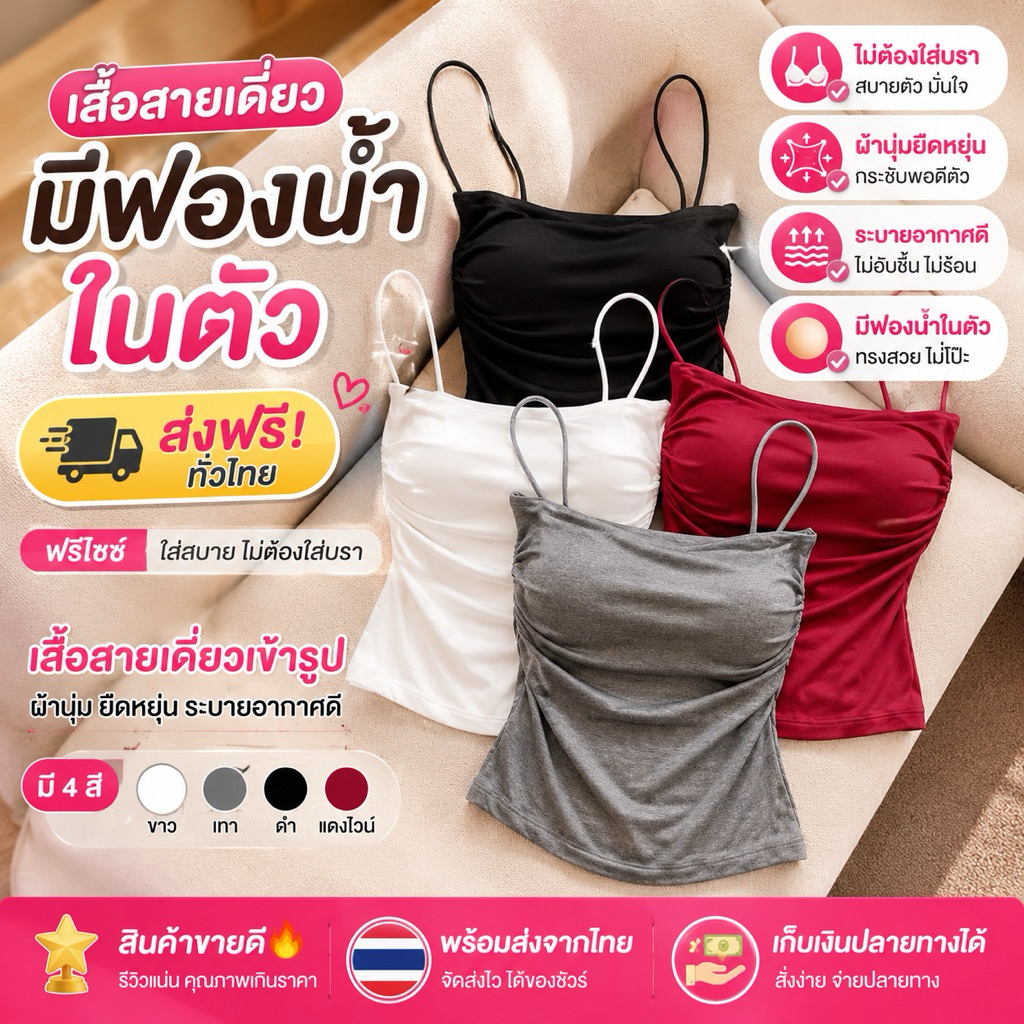 PrettyLady Shop（1521）เสื้อกล้าม สายเดี่ยว มีฟองน้ำในตัว ไร้โครง สีพื้น 32''-36'' เนื้อผ้ายืดหยุ่นสบายตัว