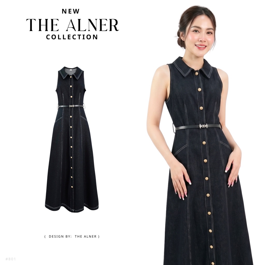Thealner-AN801  เดรสยีนส์แขนกุดแต่งกระดุมหน้า+เข็มขัด