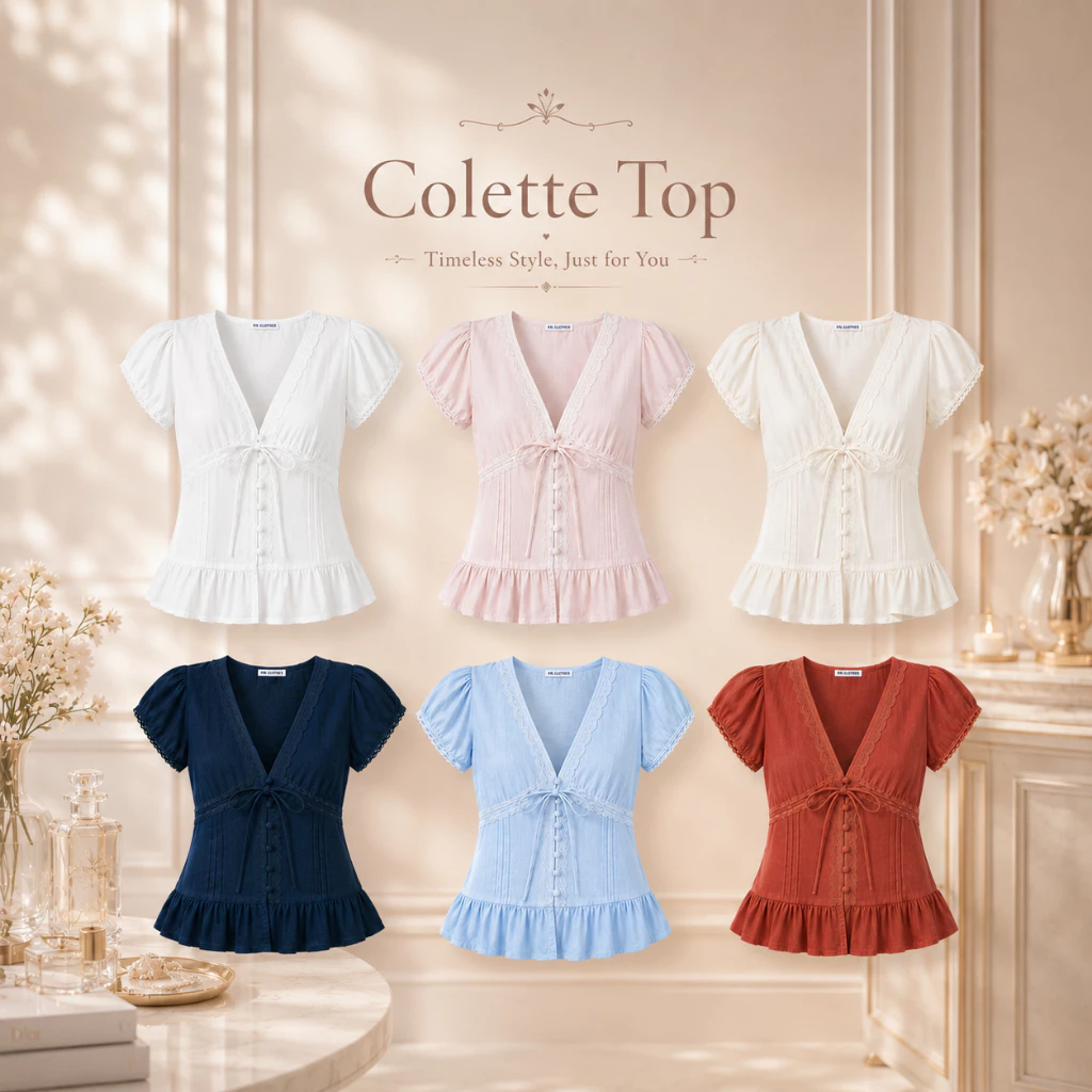 Colette top : เสื้อคอวีแขนสั้น แต่งลูกไม้ กระดุมปั้ม เย็บตีเกล็ดช่วงตัว ต้อกสามารถรูดปรับได้ KN.Clothes