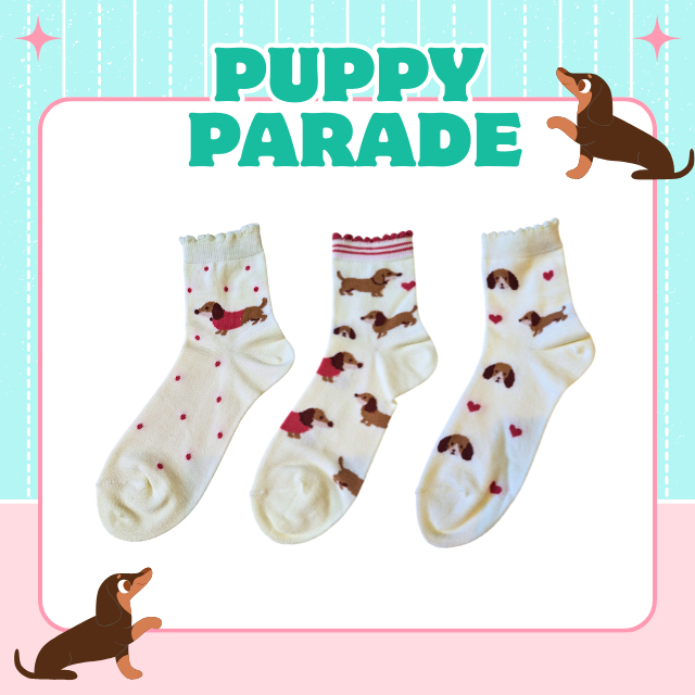 🐶🐕‍🦺 ถุงเท้าข้อกลาง ลายน้องหมาโทนน้ำตาล คอลเลคชั่น “Puppy parade”2  🐕‍🦺🐶