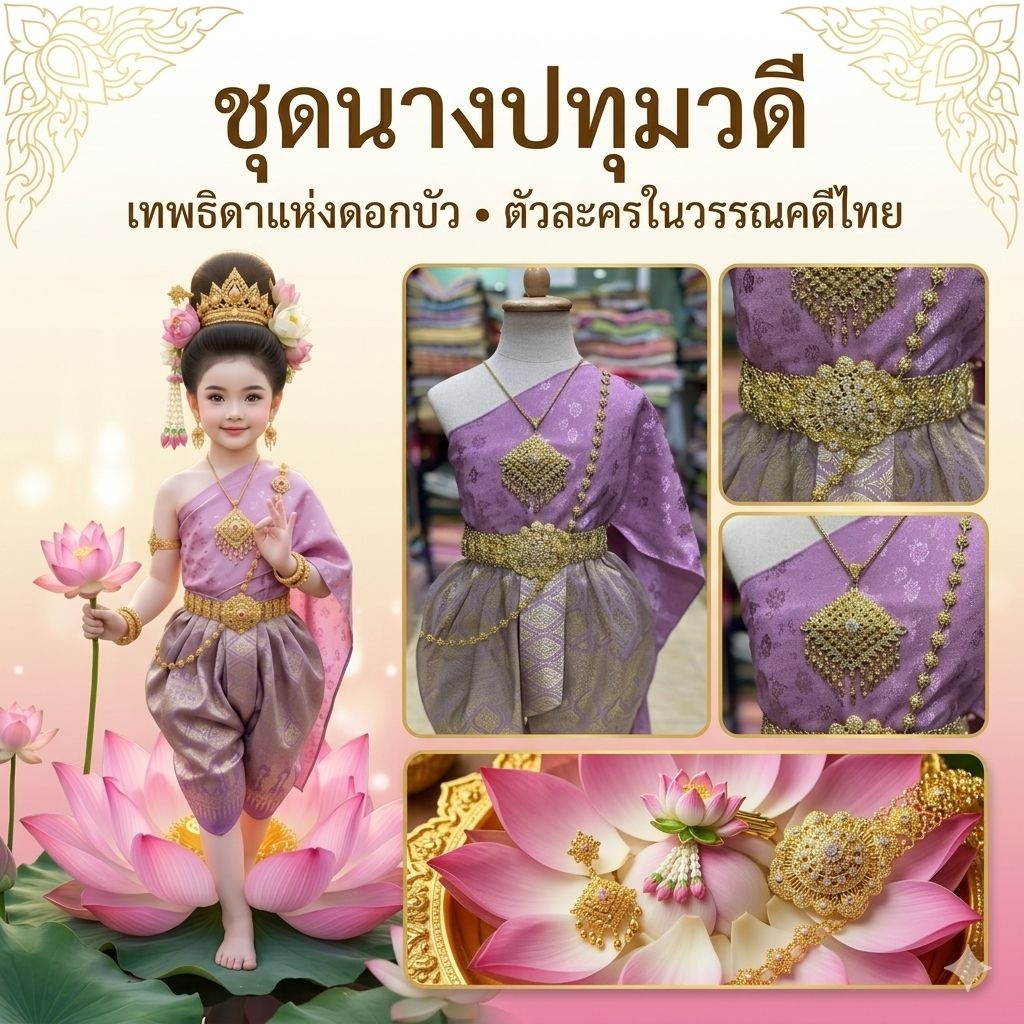 ชุดไทยเด็กหญิง ชุดนางปทุมวดี สีชมพูกลีบบัว ชุดตัวละครวรรณคดีไทย ชุดไทยเด็ก วันสุนทรภู่ ประกวดวันภาษาไทย