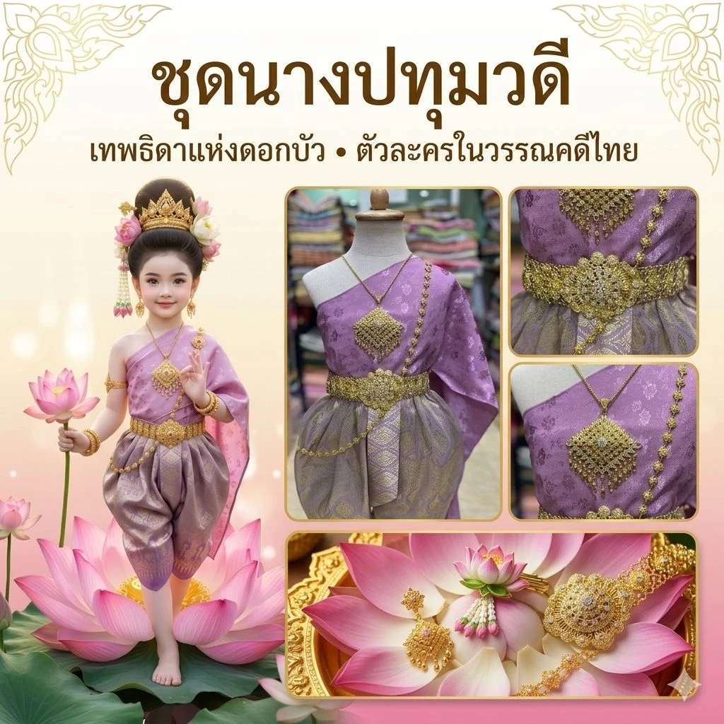 ชุดไทยเด็กหญิง ชุดนางปทุมวดี สีชมพูกลีบบัว ชุดตัวละครวรรณคดีไทย ชุดไทยเด็ก วันสุนทรภู่ ประกวดวันภาษาไทย