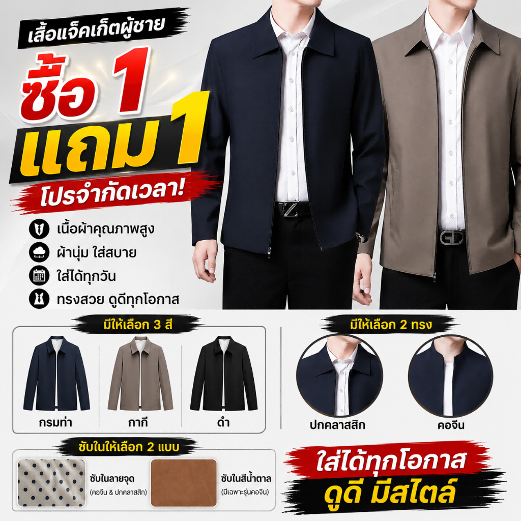 (ซื้อ 1 แถม 1) สูทกึ่งแจ็คเก็ตใส่คลุม เสื้อคลุมแขนยาว  มีคอปกกับคอจีน สำหรับการสวมใส่ที่เป็นทางการหรือใส่ทำงาน