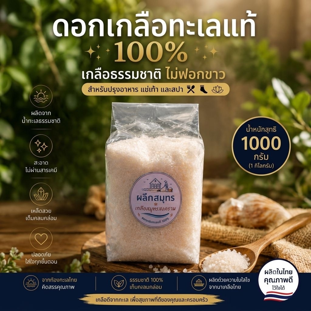 ดอกเกลือทะเลแท้ 100% สมุทรสงคราม 1 กก. เกลือธรรมชาติ ไม่ฟอกขาว สำหรับปรุงอาหาร แช่เท้า และสปา