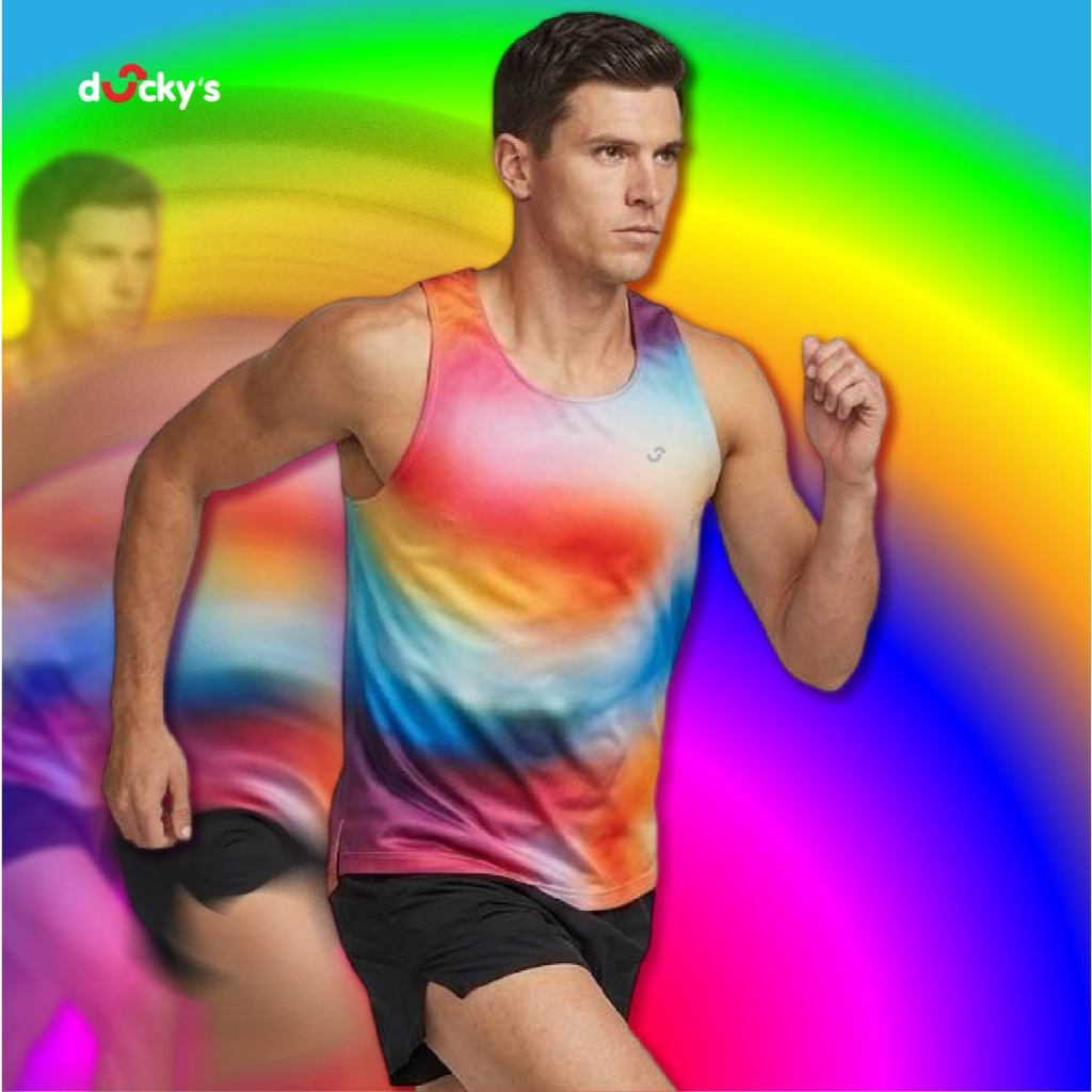 เสื้อวิ่งผู้ชาย Ducky’s สีรุ้ง | เสื้อออกกำลังกายแขนสั้น แห้งไว ระบายอากาศดี ผ้ายืด ใส่สบาย วิ่ง