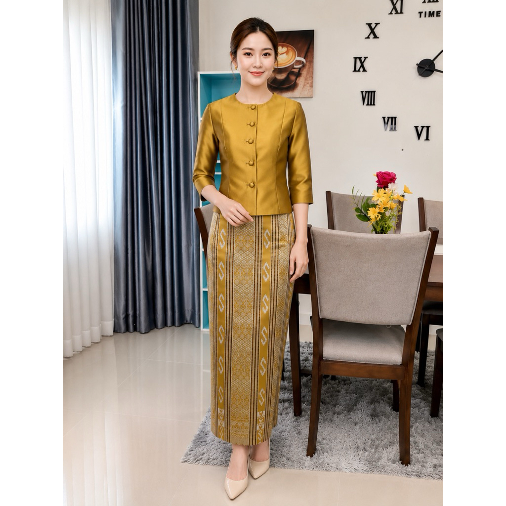 ชุดไทยเรือนต้นผ้าไหมมัดหมี่ทอลายเสื้อไทยเรือนต้นผ้าถุงตัดสำเร็จซิปข้างอัดกาวทั้งชุดมีผ้าเหลือขยายหนึ่งถึงสอง