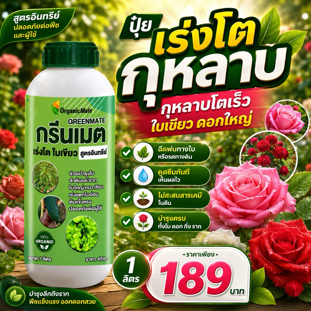 ปุ๋ยเร่งโตกุหลาบ กุหลาบโตเร็ว ใบเขียว ดอกใหญ่ ฉีดพ่นทางใบดูดซึมทันที  ไม่สะสมสารเคมีในดิน  1ลิตร