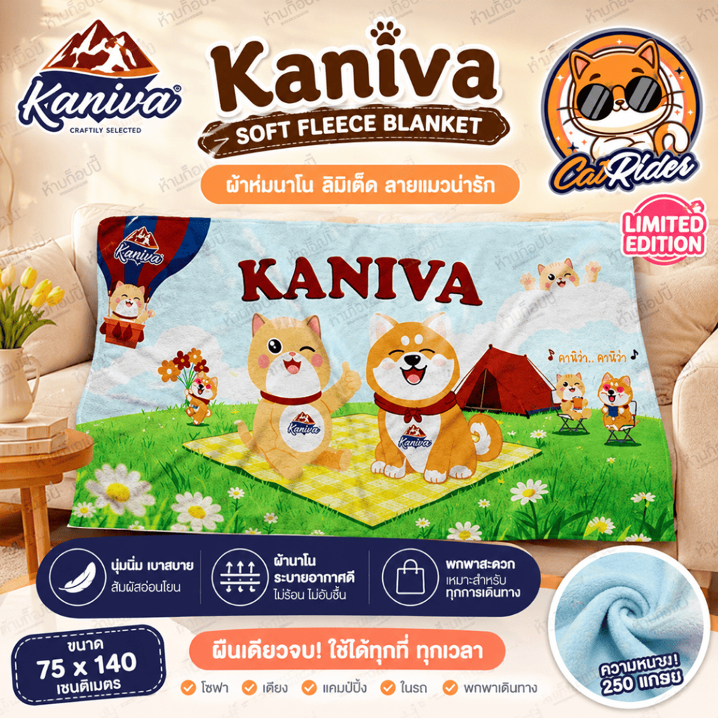 ผ้าห่มนาโน ผ้าห่มพกพา นุ่มนิ่ม เบาสบาย ลายแมว น่ารักสุดๆ (ลิมิเต็ด Kaniva 2026) ขนาด 75 * 140 CM. สินค้า Not For Sale