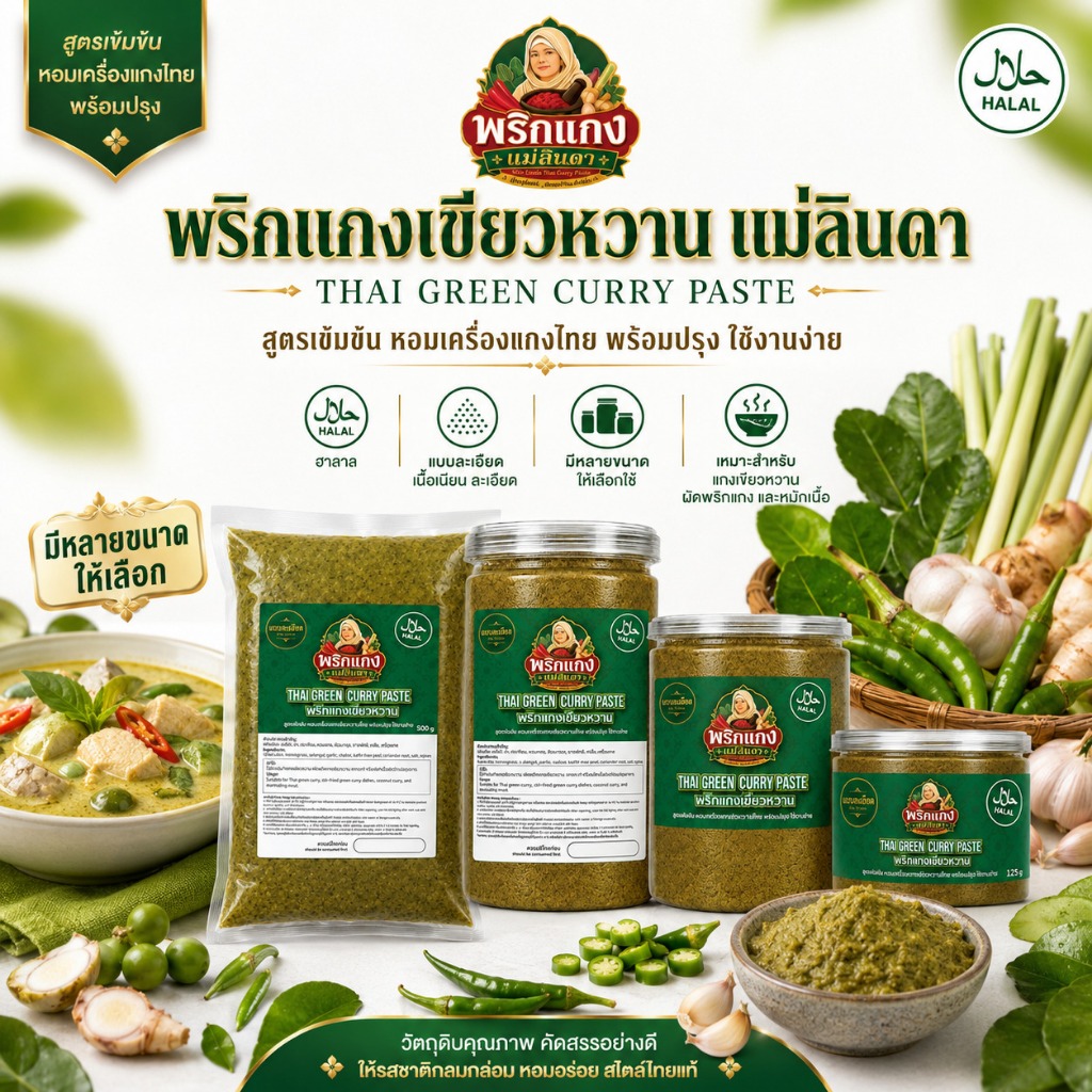 พริกแกงเขียวหวาน แม่ลินดา Thai Green Curry Paste แบบละเอียด พร้อมปรุง ฮาลาล