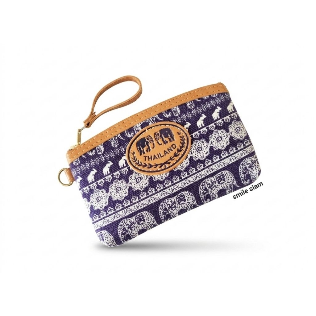 กระเป๋าใส่เหรียญ ลายช้างไทย พื้นขาว สินค้าที่ระลึก Thai fabric coin purse Thailand Souvinir