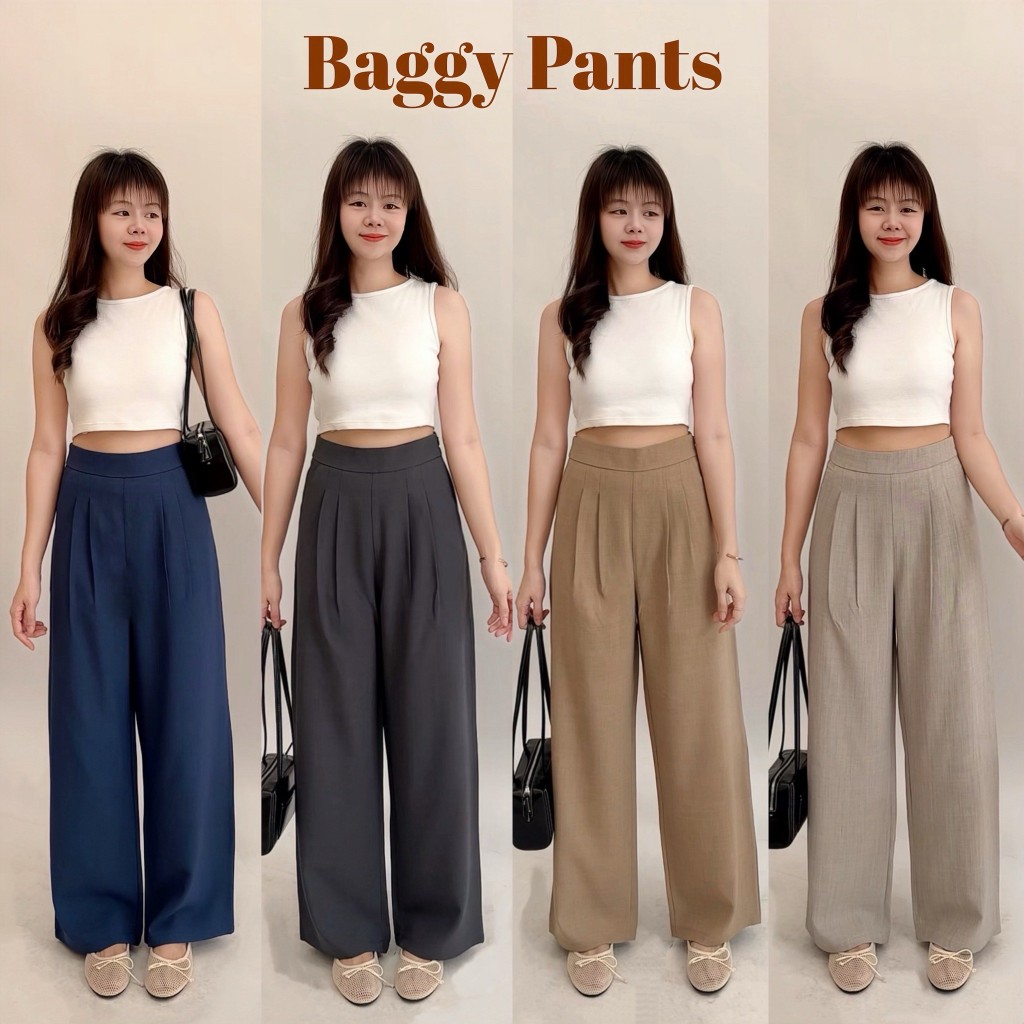(Baggy Pants) ซิปข้าง กางเกงกระบอกใหญ่ แต่งจีบ ผ้าสโนว์สลาฟ ความยาว 41 นิ้ว