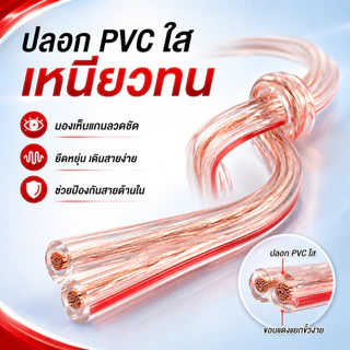 สายลำโพงคู่ใส 1.5 SQ แกน CCA ปลอก PVC ใส ขอบแดงแยกขั้วง่าย รองรับ 1200W สำหรับเครื่องเสียง