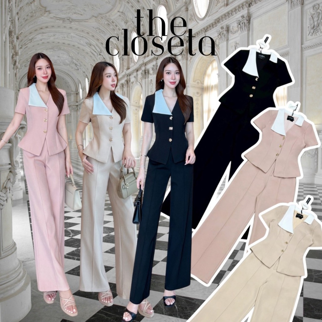 THE CLOSETA : LB633เดรสลูกไม้คอปกสูททรงแขนตุ๊กตา พร้อมเข็มขัดสีขาวเข้าชุด