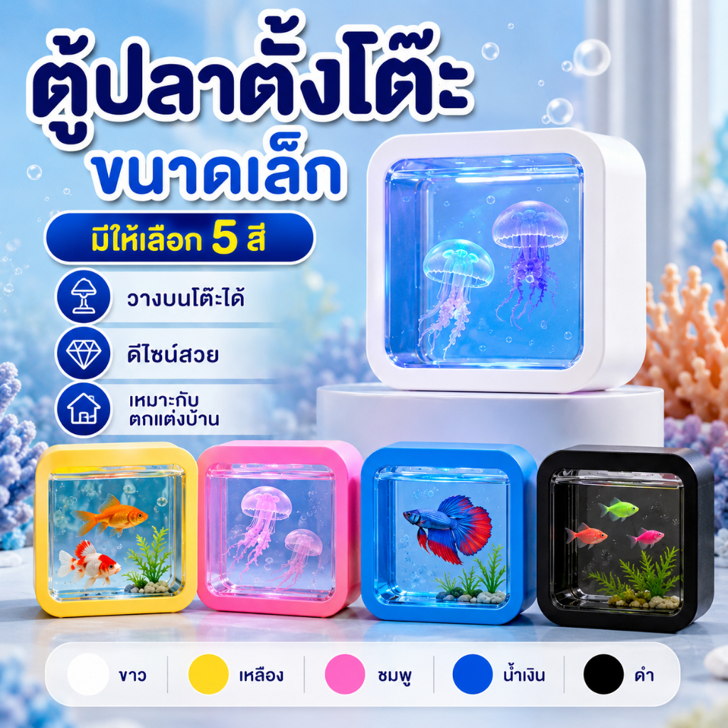 ตู้ปลา LED ขนาดเล็ก ตั้งโต๊ะน่ารัก ตู้ปลามินิสำหรับตกแต่งบ้าน ห้องนอน โต๊ะทำงาน มีหลายสีให้เลือก