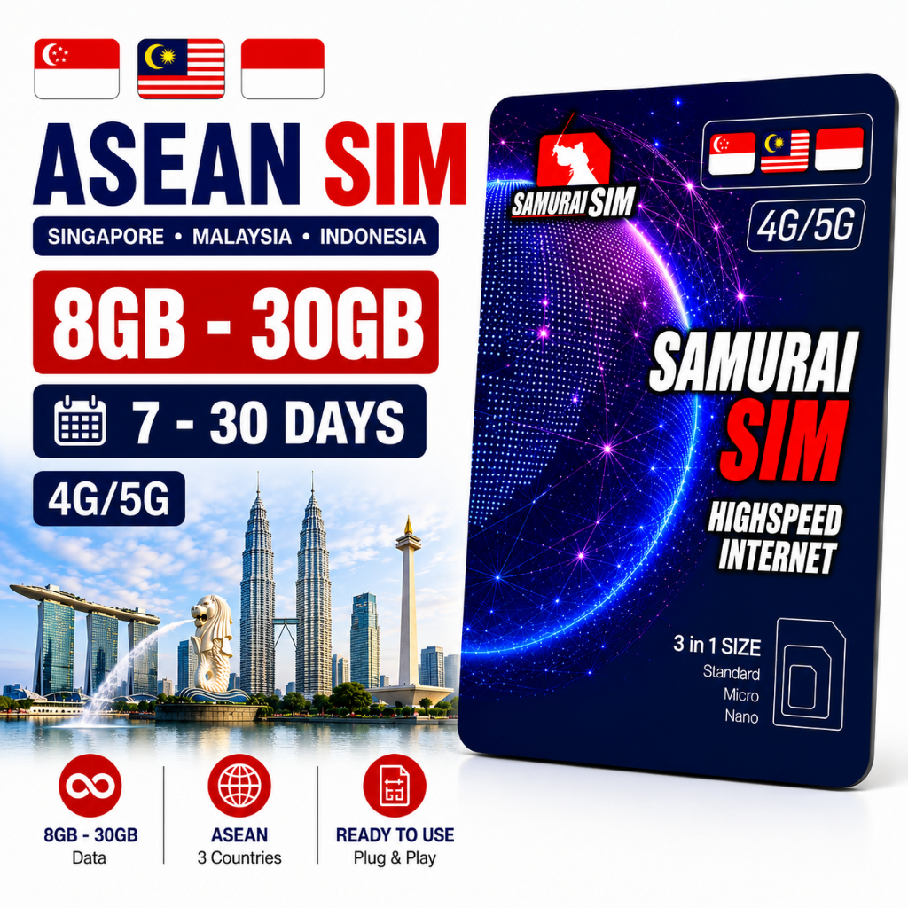 ซิมสิงคโปร์ มาเลเซีย อินโดนีเซีย อาเซียน SIM 4G/5G เน็ตไม่อั้น Unlimited 5-30 วัน Samurai SIM