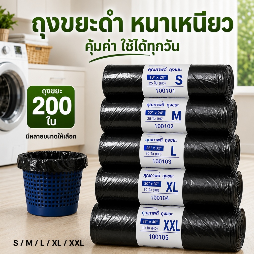 ถุงขยะ ถุงดำ 200 ใบ ถุงขยะดำ แบบม้วน หนาเหนียว ไม่ขาดง่าย รับน้ำหนักดี มีหลายขนาด