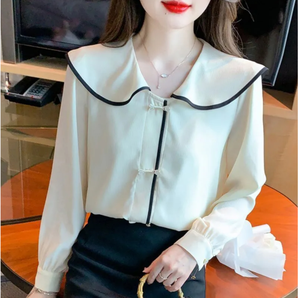 พร้อมส่ง✨ เสื้อเชิ้ตเกาหลีสีขาวคอวีผูกโบว์แขนยาวสลิมเสื้อเชิ้ตแฟชั่นเสื้อเชิ้ตทำงาน