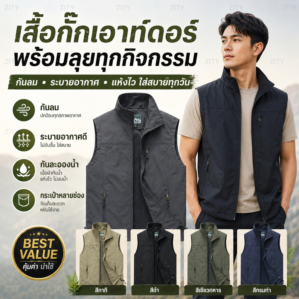 เสื้อกั๊กทหารแขนกุดสำหรับผู้ชาย น้ำหนักเบา กันน้ำ และระบายอากาศได้ดี เหมาะสำหรับกิจกรรมกลางแจ้งในฤดูร้อน มีให้เลือกหลายข