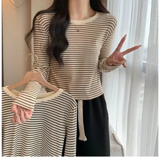 Beryl เสื้อยืดแขนยาวลายทางสำหรับผู้หญิง ดีไซน์เรียบง่าย สไตล์ลำลอง เสื้อคอกลมย้อนยุค ผสานสีสันตัดสี สไตล์เกาหลี จับคู่ได