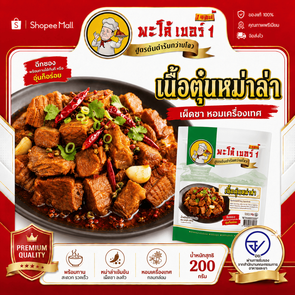 พะโล้ เบอร์ 1 เนื้อตุ๋นหม่าล่า 200g สูตรต้นตำรับ เผ็ดชา หอมเครื่องเทศ เนื้อนุ่มฉ่ำ พร้อมทาน ผลิตในไทย 0% สารกันเสีย