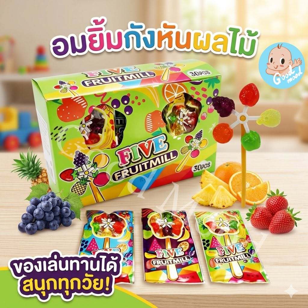 อมยิ้มกังหันผลไม้  ได้ลูกอม5ชิ้น  1แพ็ค 30ชิ้น