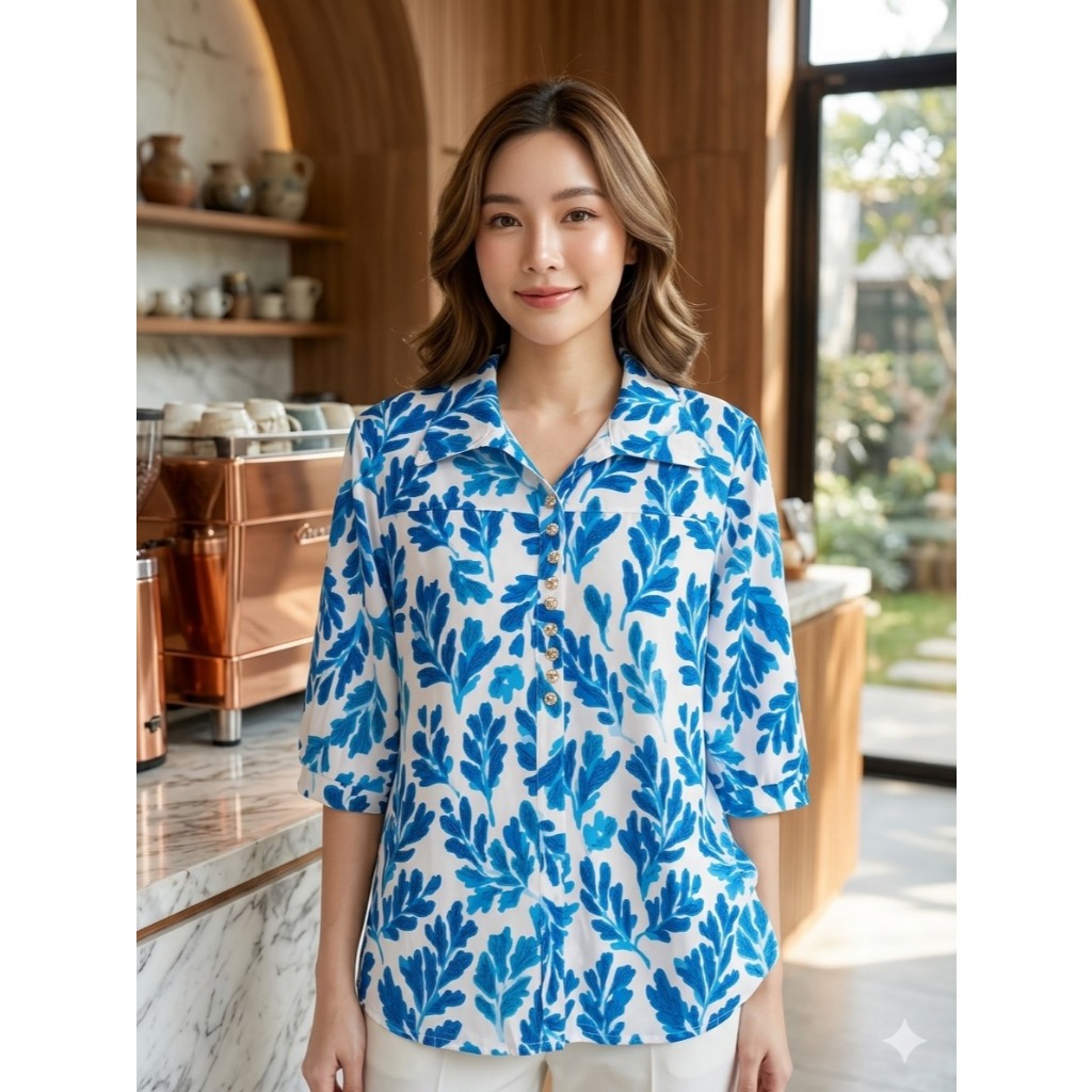 ใหม่ เสื้อยืดผ้าเกาหลี คอปกผ้ายืดลายดอก ฟรีไฃส์32''-44''แขนสามส่วน แบบสวมหัวเนื้อผ้า ยืดหยุ่นใส่สบาย