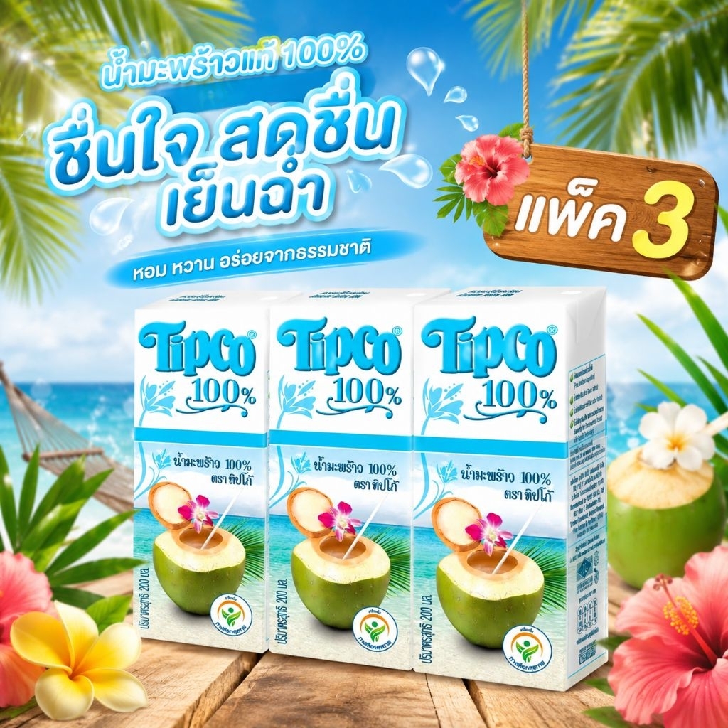 🥥🌴Tipco ทิปโก้ น้ำมะพร้าว 100 % ขนาด 200 มล แพ็ค 3