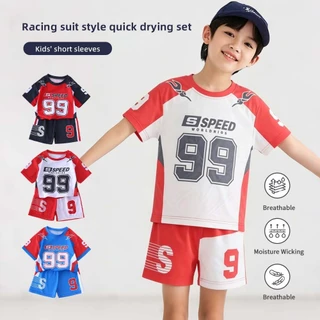 ชุดกีฬาเด็ก เสื้อยืดและกางเกงขาสั้นระบายอากาศได้ดี แห้งเร็ว ทรงหลวม สวมใส่สบาย เหมาะสำหรับใส่เล่นกีฬาลำลอง