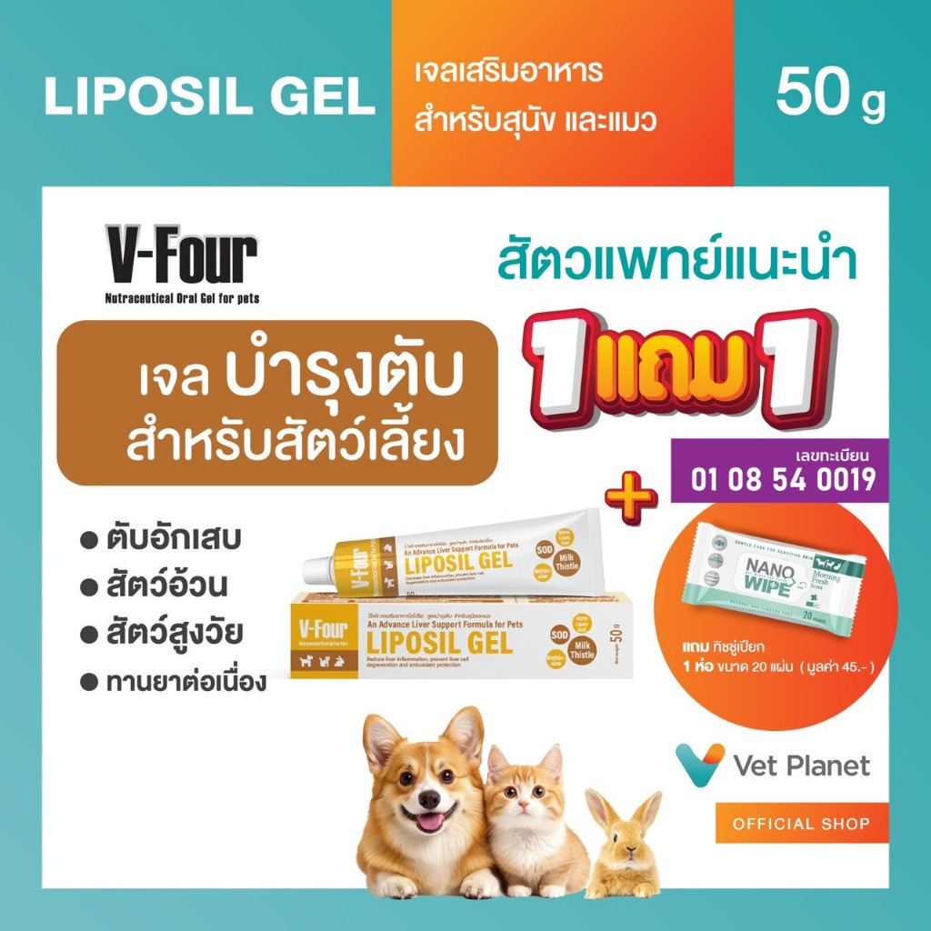 LIPOSIL GEL วี-โฟร์ เจลเสริมอาหารโลโปซิล สูตรบำรุงตับ สำหรับสัตว์เลี้ยง 50g.แถมทิชชู่เปียกกลิ่น Morning Fresh 20 แผ่น