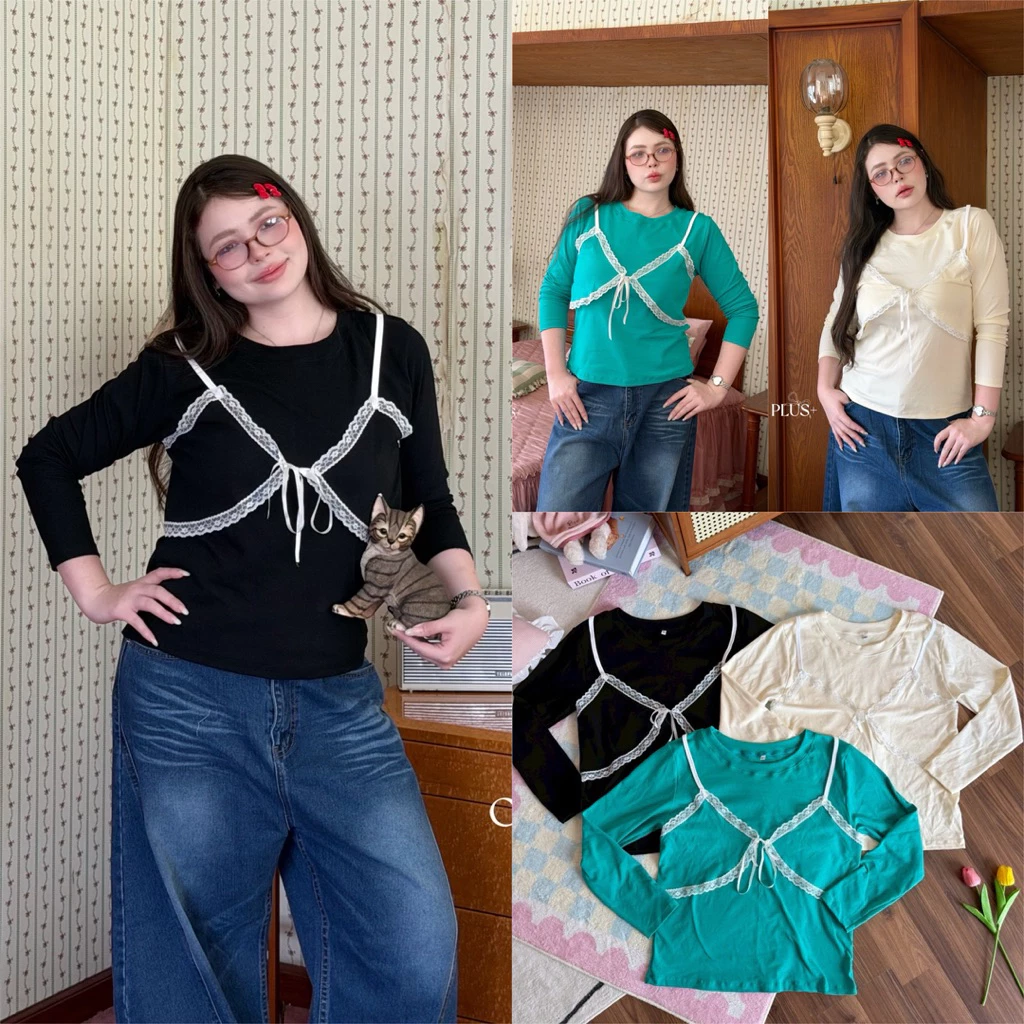 (LD) เสื้อแขนยาว แต่งสายเดี่ยวผูกหน้า แต่งลูกไม้ น่ารัก เก๋ๆ ผ้านิ่มใส่สบาย เสื้อผ้าสาวอวบอ้วน พลัสไซส์ ไซส์ใหญ่
