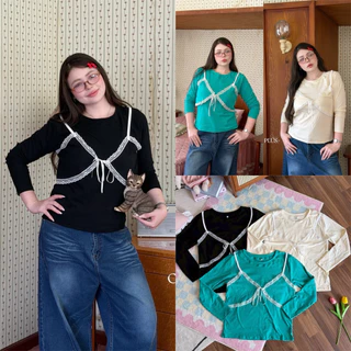 (LD) เสื้อแขนยาว แต่งสายเดี่ยวผูกหน้า แต่งลูกไม้ น่ารัก เก๋ๆ ผ้านิ่มใส่สบาย เสื้อผ้าสาวอวบอ้วน พลัสไซส์ ไซส์ใหญ่