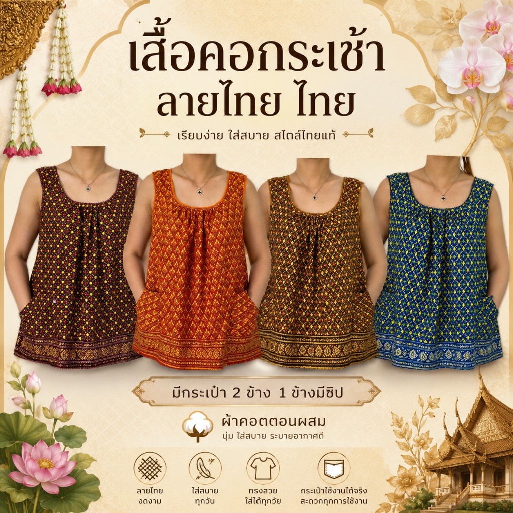 เสื้อคอกระเช้า แบบคอถัก ลายดอกเล็ก ผ้าคอตตอน มีกระเป๋า 2 ข้าง คอพวง ไม่บาง ไม่ใช่ผ้ารุ่นถูก G01